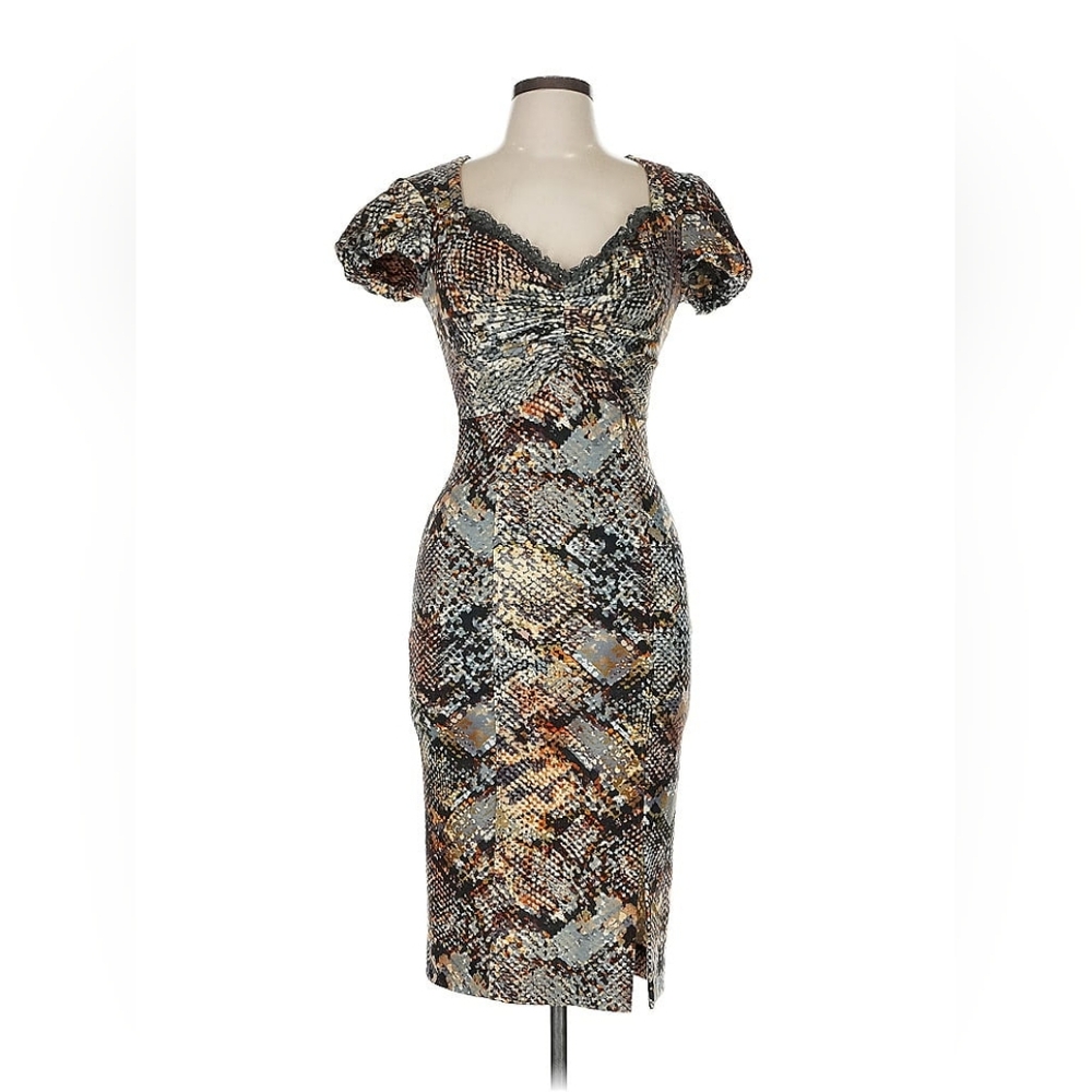 BLUMARINE WOOL PUFF SLEEVE SWEETHEART SNAKESKIN THIGH SLIT DRESS IT 42 / US 4/6